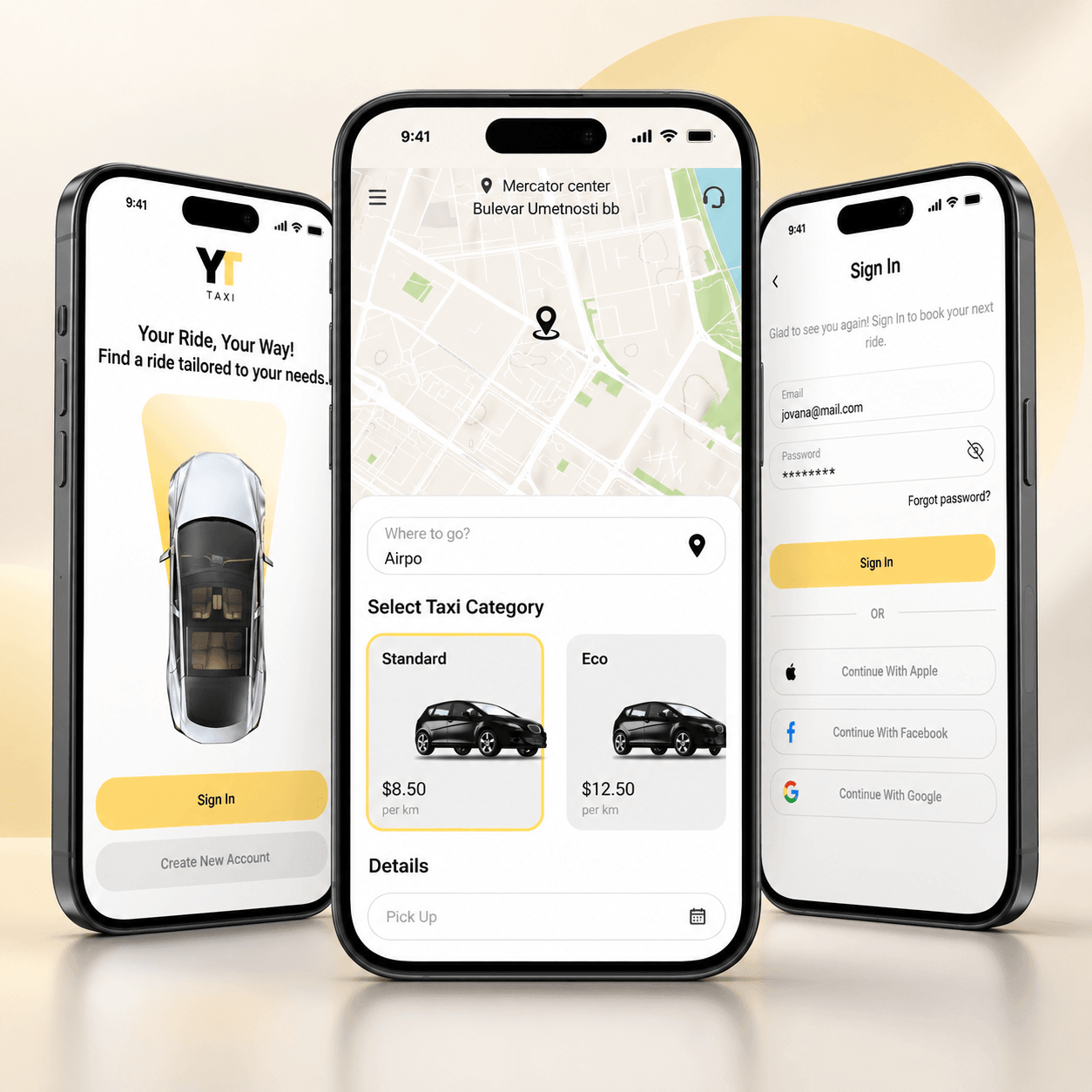 Yellow Taxi app — three key screens