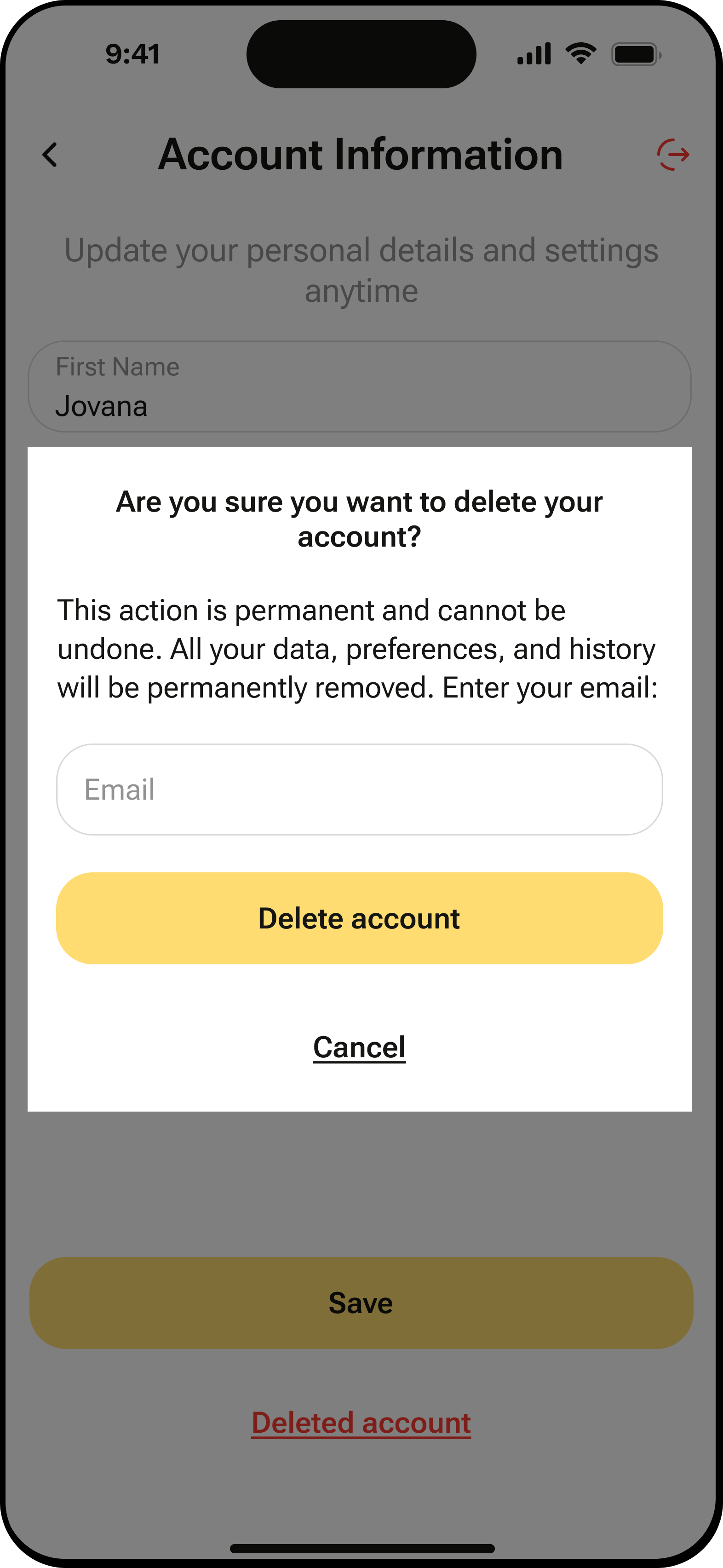 Delete Account Modal Empty